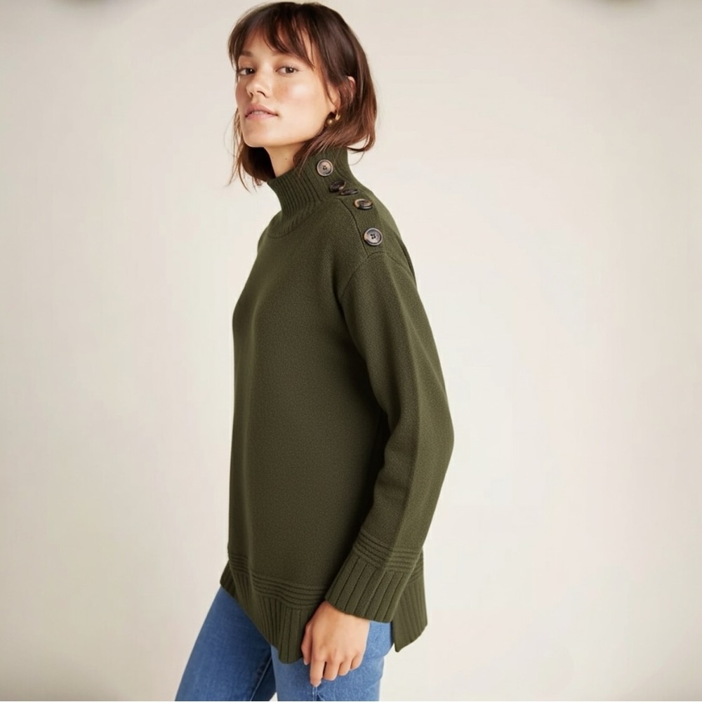 Anthropologie Margarita Tunic Sweater Moss Green Mock Neck Button Shoulder NWT M - Picture 3 of 16